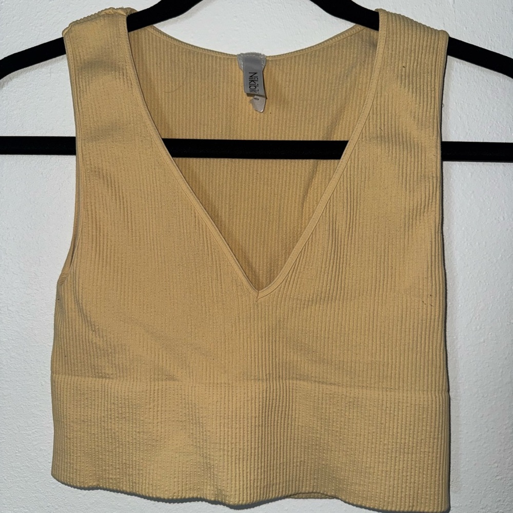NIKIBIKI Yellow Cropped Ribbed V-Neck Tank Top